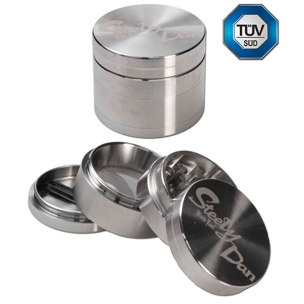 Black Leaf "Steely Dan" Edelstahl-Grinder 4-tlg. inkl. Reisverschlusstasche in 3 Größen - dein-Onlineheadshop.de