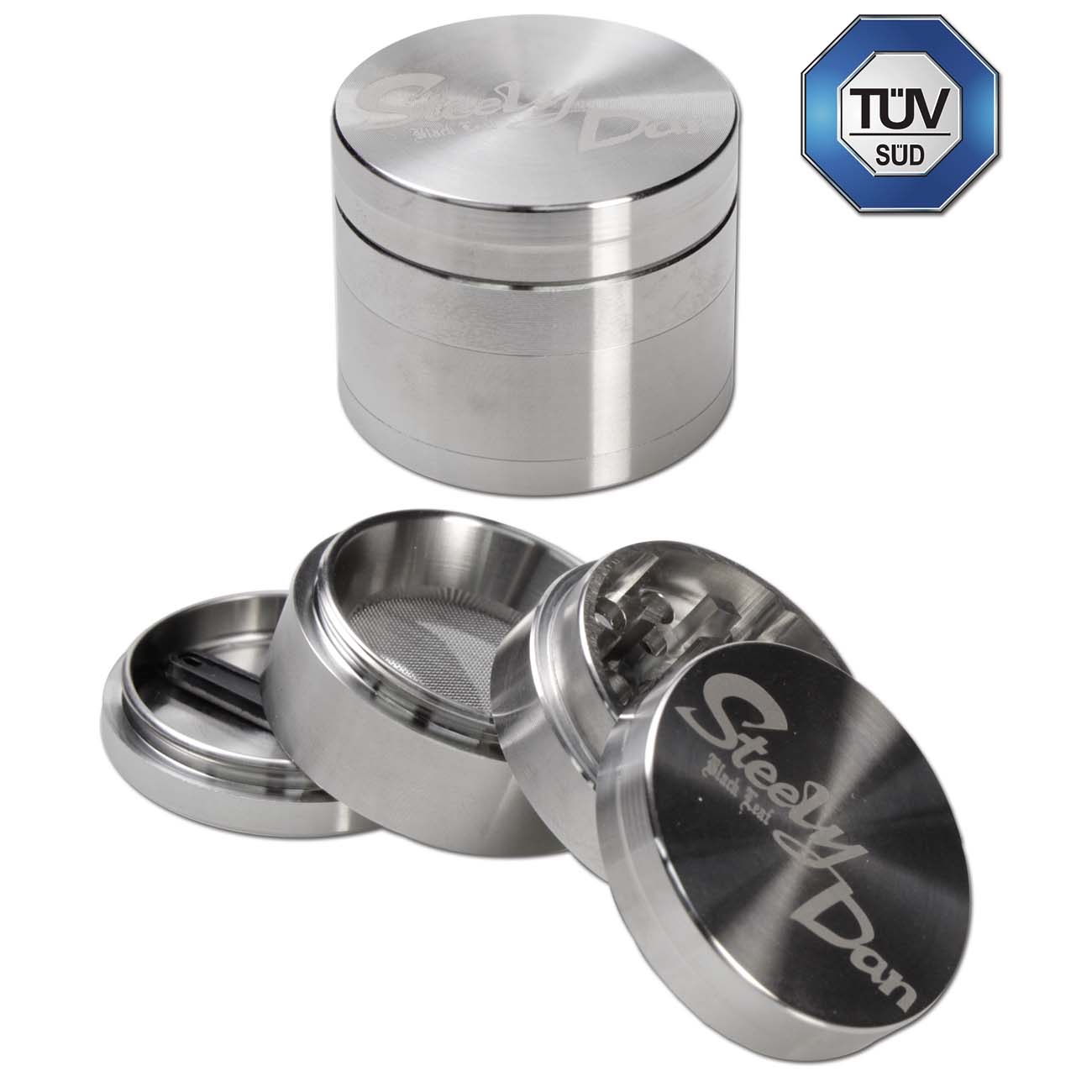 Black Leaf "Steely Dan" Edelstahl-Grinder 4-tlg. inkl. Reisverschlusstasche in 3 Größen - dein-Onlineheadshop.de